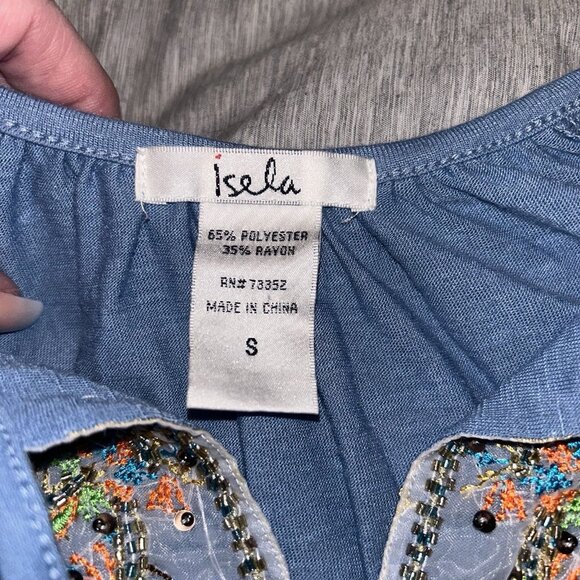 Isela Blue Beaded V-Neck Tie Bell Sleeve Boho Hippie Y2K Pullover Top Size Small - Picture 7 of 8